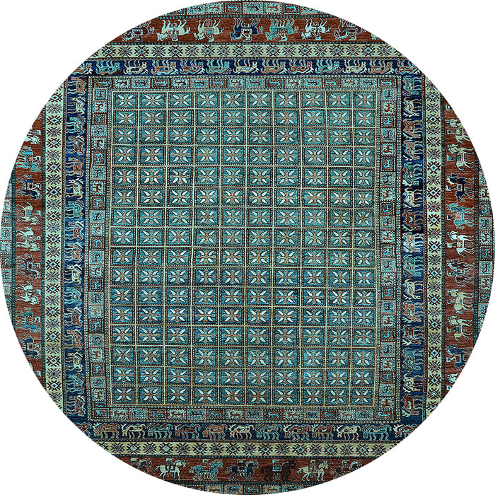 Round Machine Washable Oriental Light Blue Industrial Rug, wshurb2416lblu