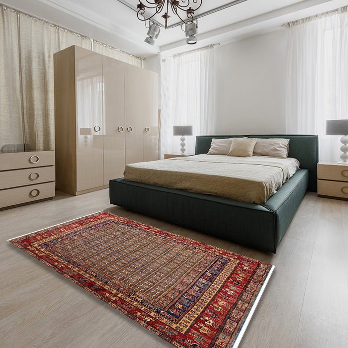 Mid-Century Modern Orange Brown Oriental Rug in a Bedroom, urb2416