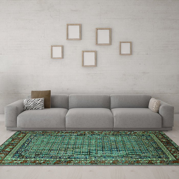 Machine Washable Oriental Turquoise Industrial Area Rugs in a Living Room,, wshurb2416turq