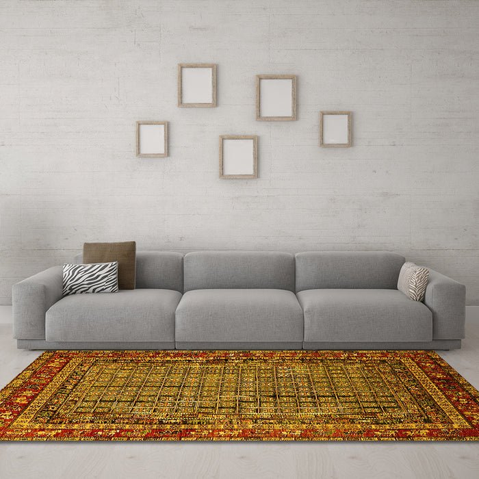 Machine Washable Oriental Yellow Industrial Rug in a Living Room, wshurb2416yw