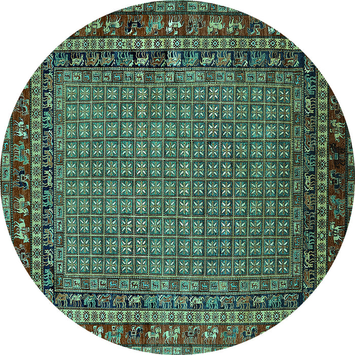 Round Machine Washable Oriental Turquoise Industrial Area Rugs, wshurb2416turq