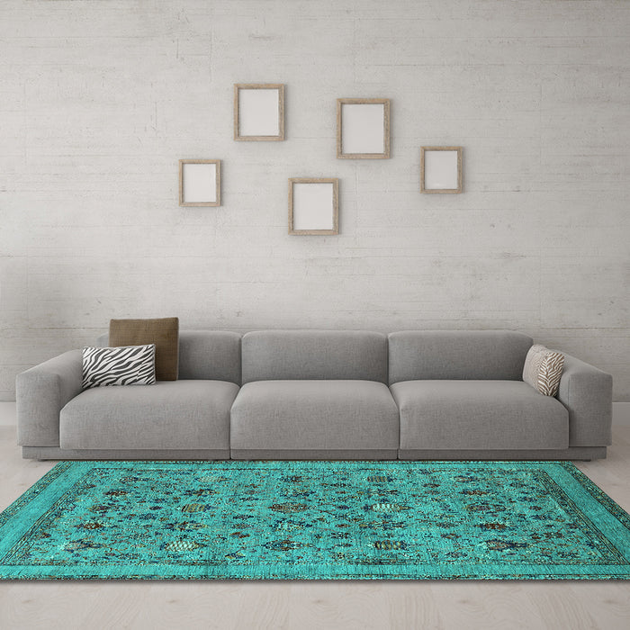 Machine Washable Oriental Turquoise Industrial Area Rugs in a Living Room,, wshurb2417turq