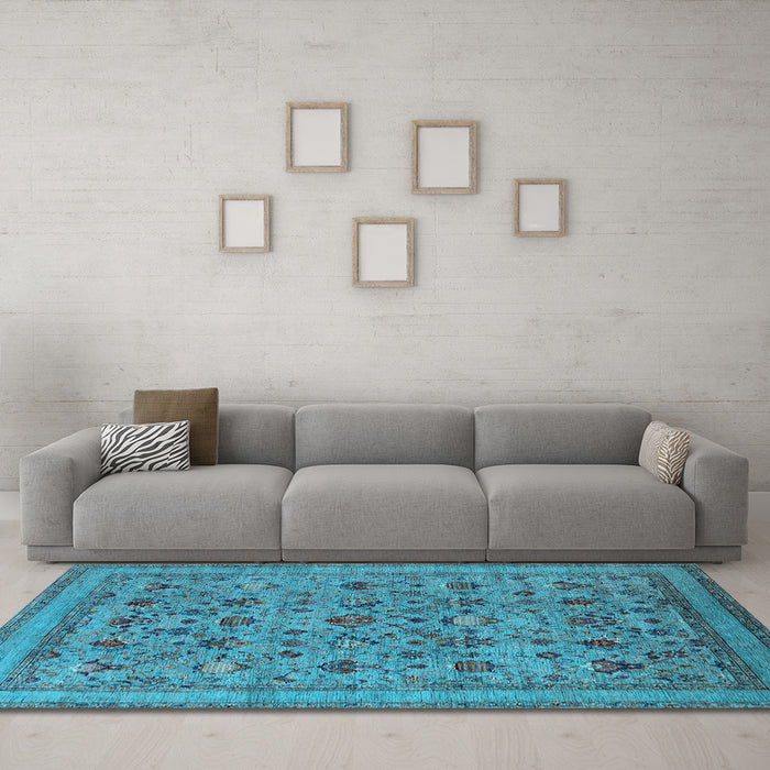 Machine Washable Oriental Light Blue Industrial Rug in a Living Room, wshurb2417lblu