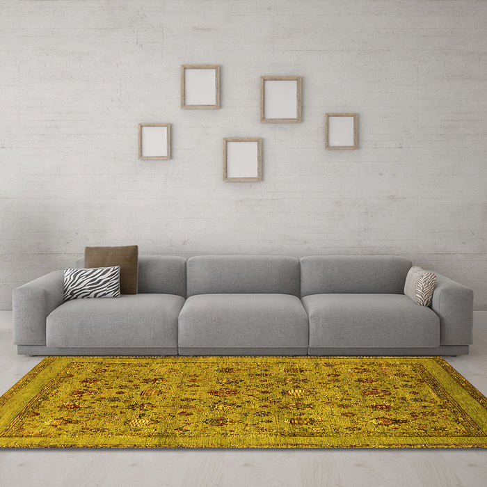 Machine Washable Oriental Yellow Industrial Rug in a Living Room, wshurb2417yw