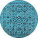 Round Machine Washable Oriental Light Blue Industrial Rug, wshurb2417lblu