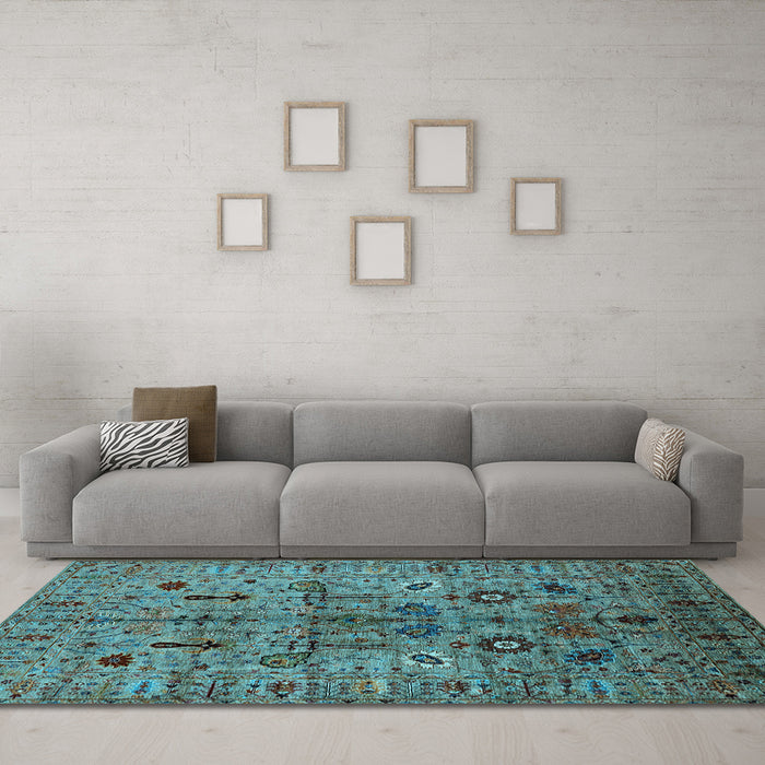 Machine Washable Oriental Light Blue Industrial Rug in a Living Room, wshurb2418lblu