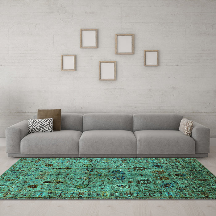 Machine Washable Oriental Turquoise Industrial Area Rugs in a Living Room,, wshurb2418turq