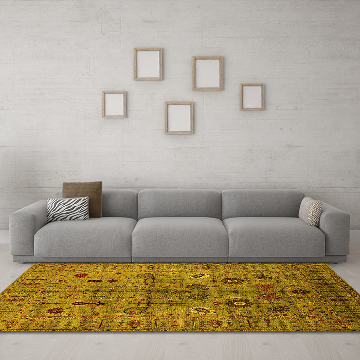 Machine Washable Oriental Yellow Industrial Rug in a Living Room, wshurb2418yw