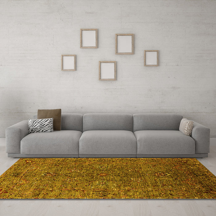 Machine Washable Oriental Yellow Traditional Rug in a Living Room, wshurb2419yw