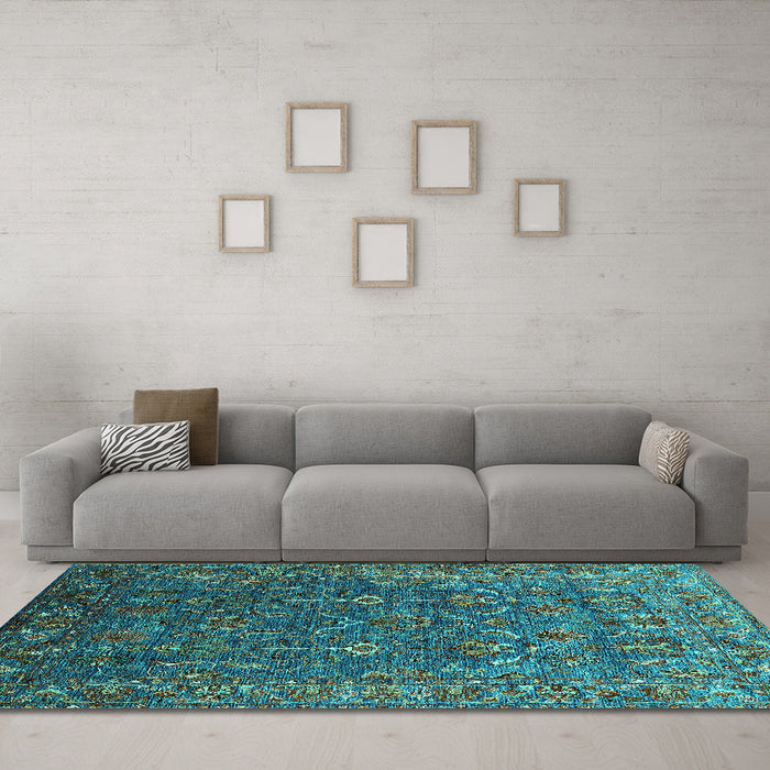 Machine Washable Oriental Turquoise Traditional Area Rugs in a Living Room,, wshurb2420turq
