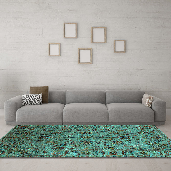 Machine Washable Oriental Turquoise Industrial Area Rugs in a Living Room,, wshurb2421turq
