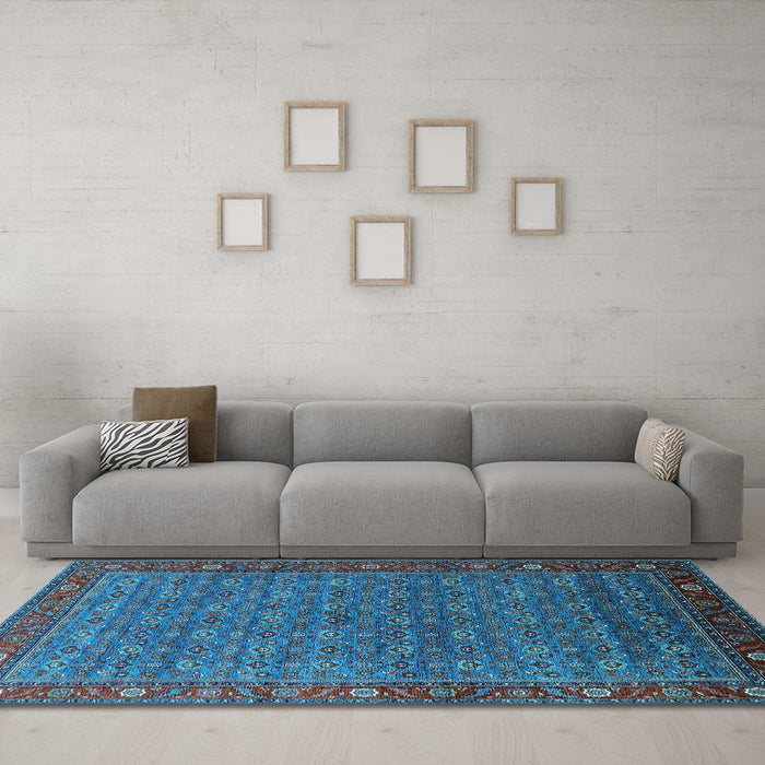 Machine Washable Oriental Light Blue Traditional Rug in a Living Room, wshurb2422lblu