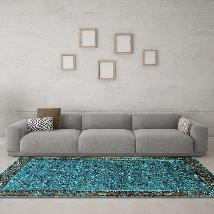 Machine Washable Oriental Turquoise Traditional Area Rugs in a Living Room,, wshurb2422turq