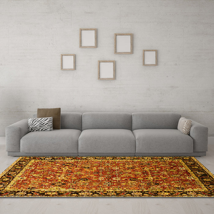 Machine Washable Oriental Yellow Industrial Rug in a Living Room, wshurb2423yw