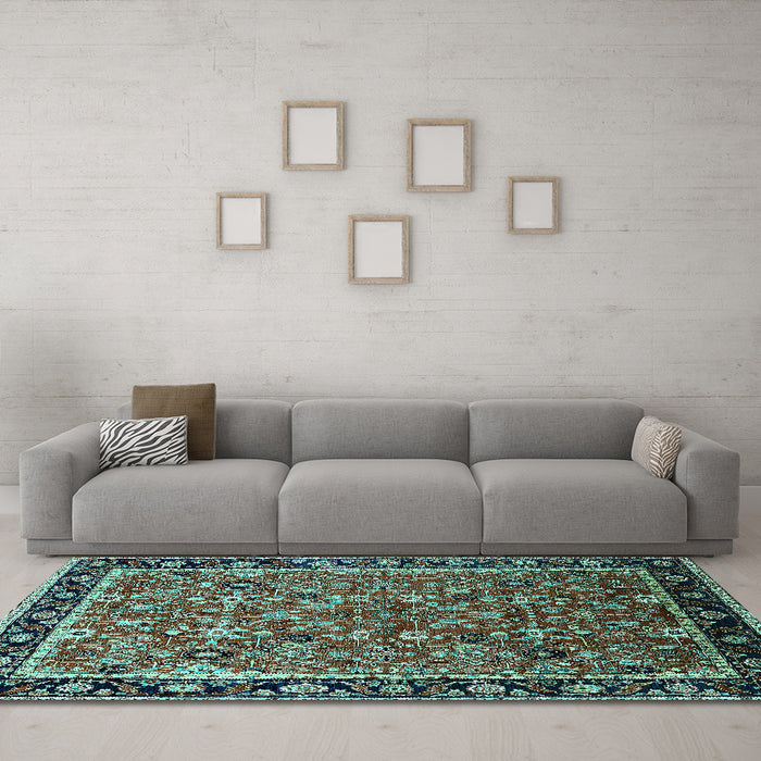 Machine Washable Oriental Turquoise Industrial Area Rugs in a Living Room,, wshurb2423turq