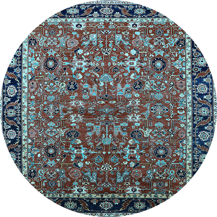 Round Machine Washable Oriental Light Blue Industrial Rug, wshurb2423lblu