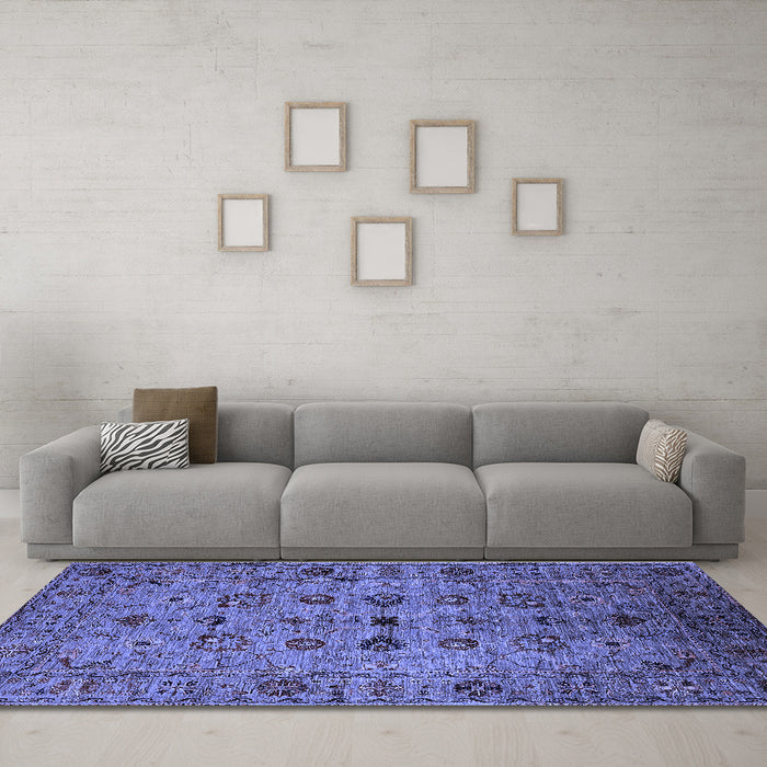 Machine Washable Oriental Blue Industrial Rug in a Living Room, wshurb2424blu