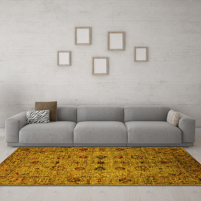 Machine Washable Oriental Yellow Industrial Rug in a Living Room, wshurb2424yw