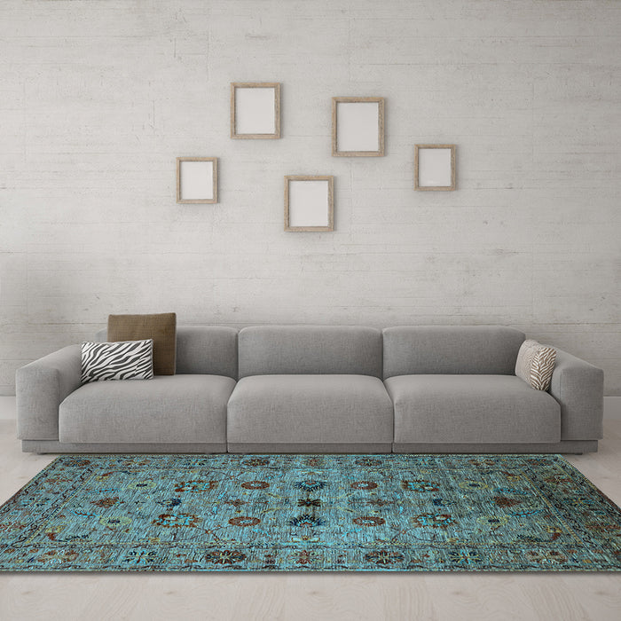 Machine Washable Oriental Light Blue Industrial Rug in a Living Room, wshurb2424lblu