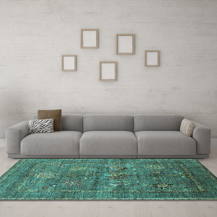 Machine Washable Oriental Turquoise Industrial Area Rugs in a Living Room,, wshurb2426turq