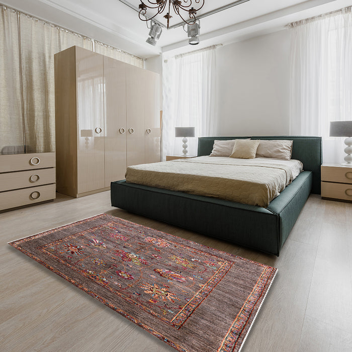 Mid-Century Modern Chestnut Brown Oriental Rug in a Bedroom, urb2426