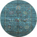 Round Machine Washable Oriental Light Blue Industrial Rug, wshurb2426lblu