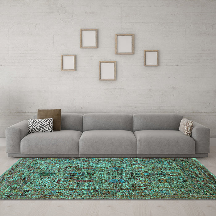 Machine Washable Oriental Turquoise Industrial Area Rugs in a Living Room,, wshurb2427turq