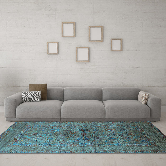 Machine Washable Oriental Light Blue Industrial Rug in a Living Room, wshurb2428lblu