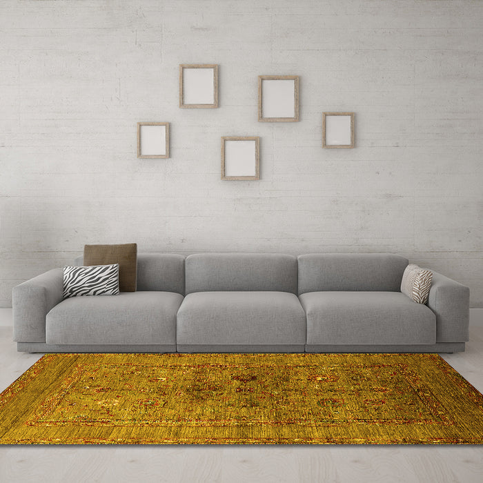 Machine Washable Oriental Yellow Industrial Rug in a Living Room, wshurb2428yw