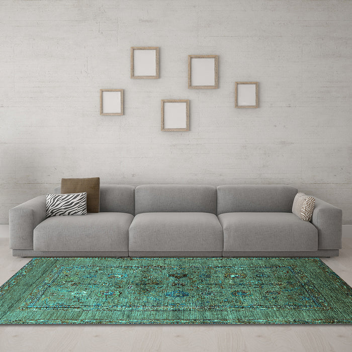 Machine Washable Oriental Turquoise Industrial Area Rugs in a Living Room,, wshurb2428turq