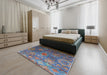 Mid-Century Modern Koi Blue Oriental Rug in a Bedroom, urb2429