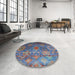 Round Mid-Century Modern Koi Blue Oriental Rug in a Office, urb2429