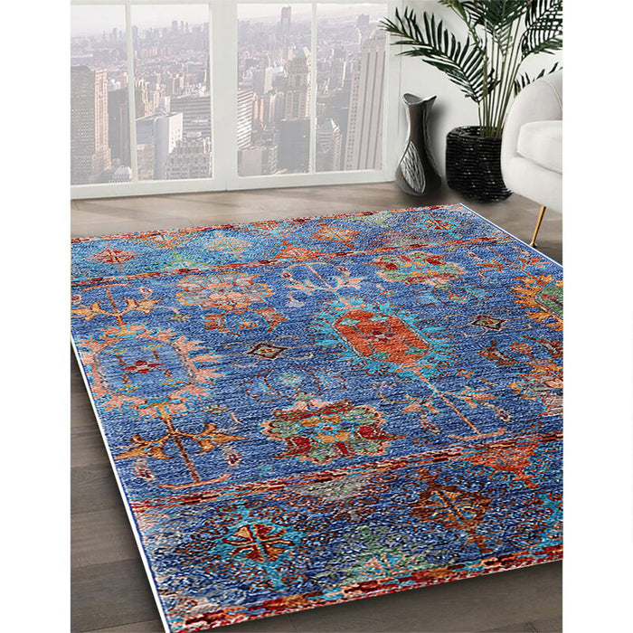 Mid-Century Modern Koi Blue Oriental Rug in Family Room, urb2429