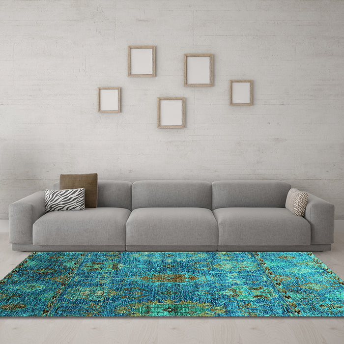 Machine Washable Oriental Turquoise Industrial Area Rugs in a Living Room,, wshurb2429turq