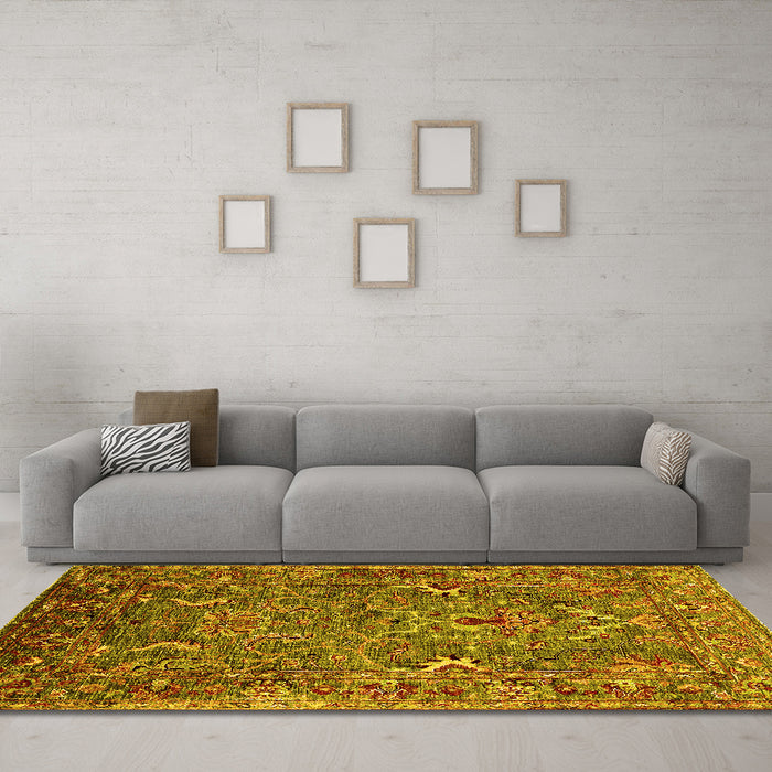 Machine Washable Oriental Yellow Industrial Rug in a Living Room, wshurb2430yw
