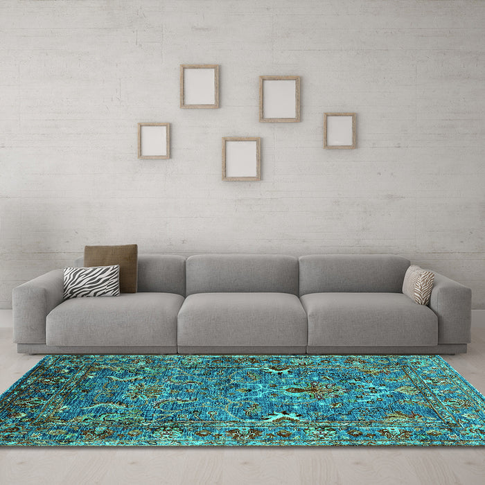 Machine Washable Oriental Turquoise Industrial Area Rugs in a Living Room,, wshurb2430turq