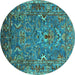 Round Machine Washable Oriental Turquoise Industrial Area Rugs, wshurb2430turq