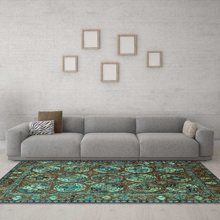 Machine Washable Oriental Turquoise Industrial Area Rugs in a Living Room,, wshurb2431turq