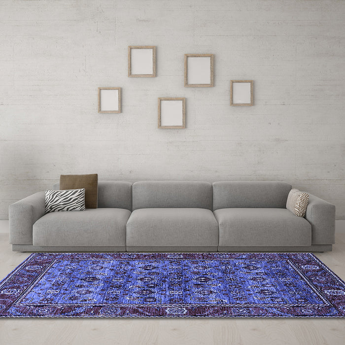 Machine Washable Oriental Blue Industrial Rug in a Living Room, wshurb2432blu