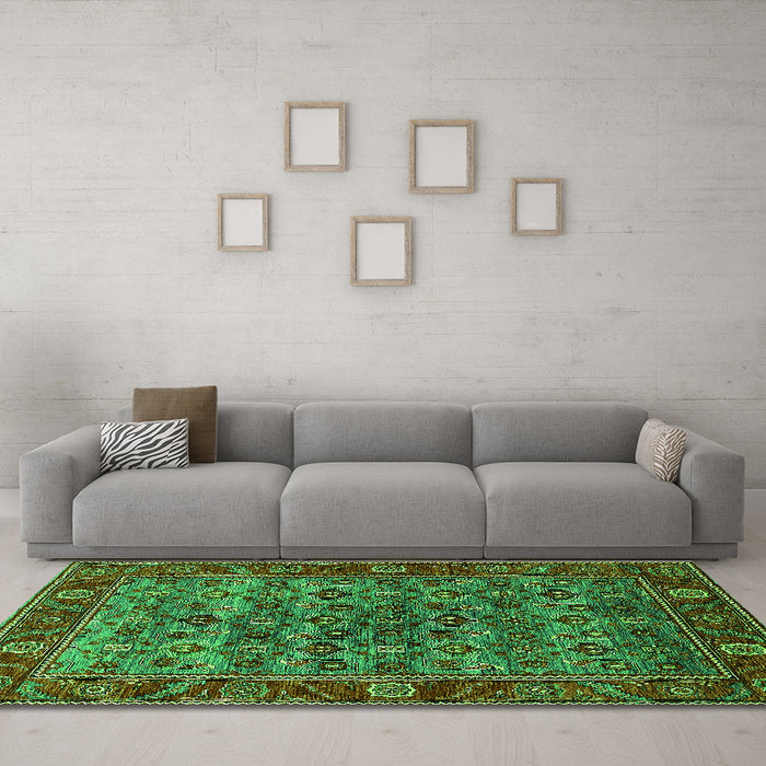 Machine Washable Oriental Green Industrial Area Rugs in a Living Room,, wshurb2432grn