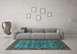 Machine Washable Oriental Turquoise Industrial Area Rugs in a Living Room,, wshurb2432turq