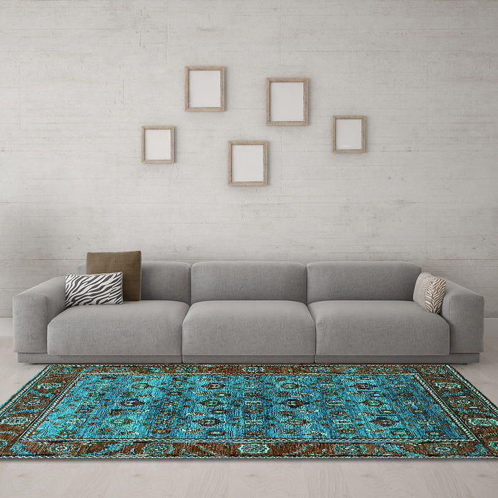 Machine Washable Oriental Turquoise Industrial Area Rugs in a Living Room,, wshurb2432turq