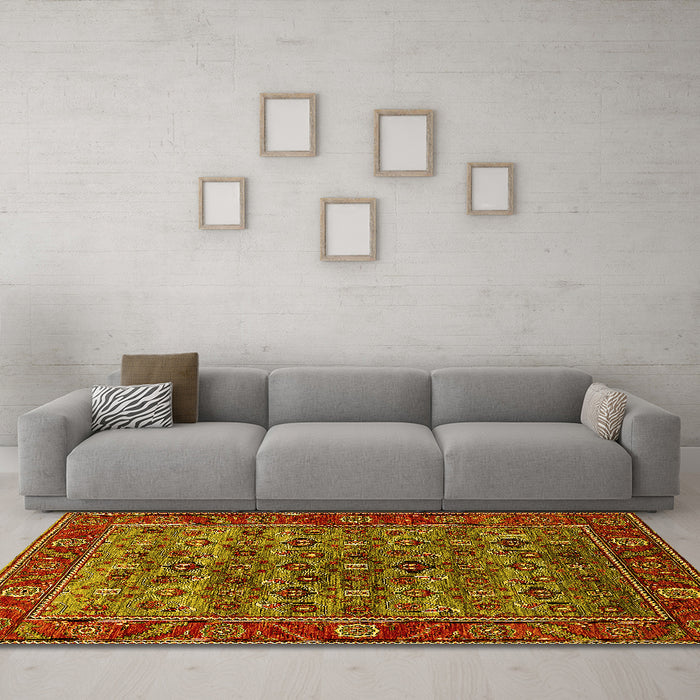 Machine Washable Oriental Yellow Industrial Rug in a Living Room, wshurb2432yw