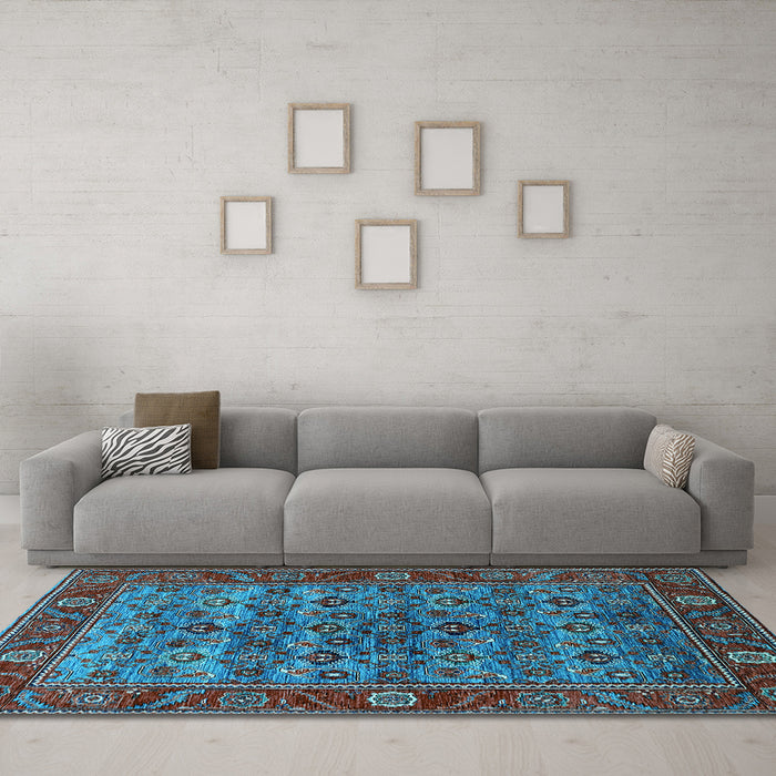 Machine Washable Oriental Light Blue Industrial Rug in a Living Room, wshurb2432lblu