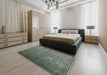 Mid-Century Modern Dark Olive Green Oriental Rug in a Bedroom, urb2434