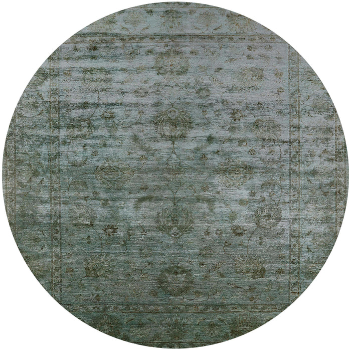 Round Mid-Century Modern Dark Olive Green Oriental Rug, urb2434
