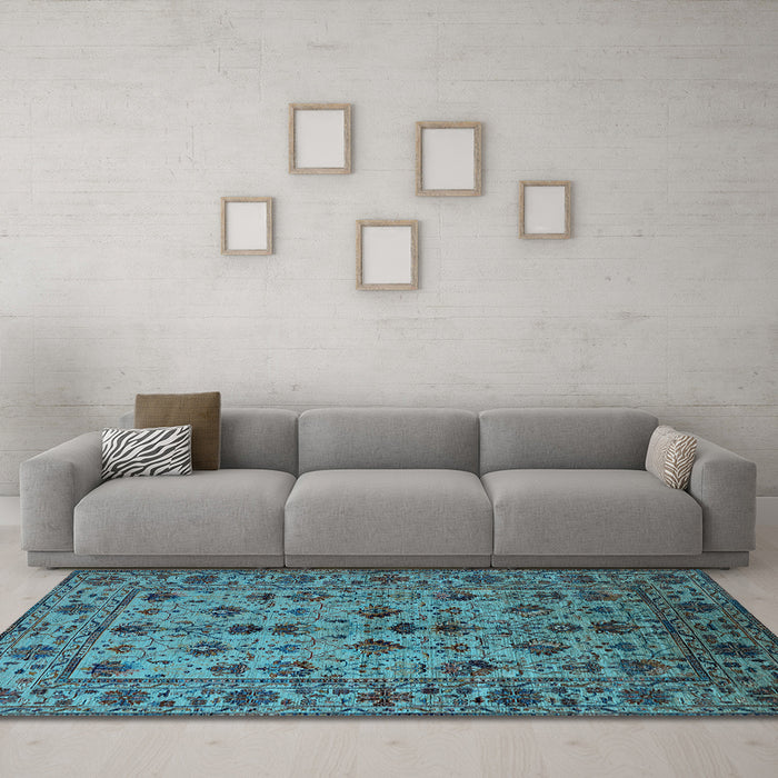Machine Washable Oriental Light Blue Industrial Rug in a Living Room, wshurb2436lblu