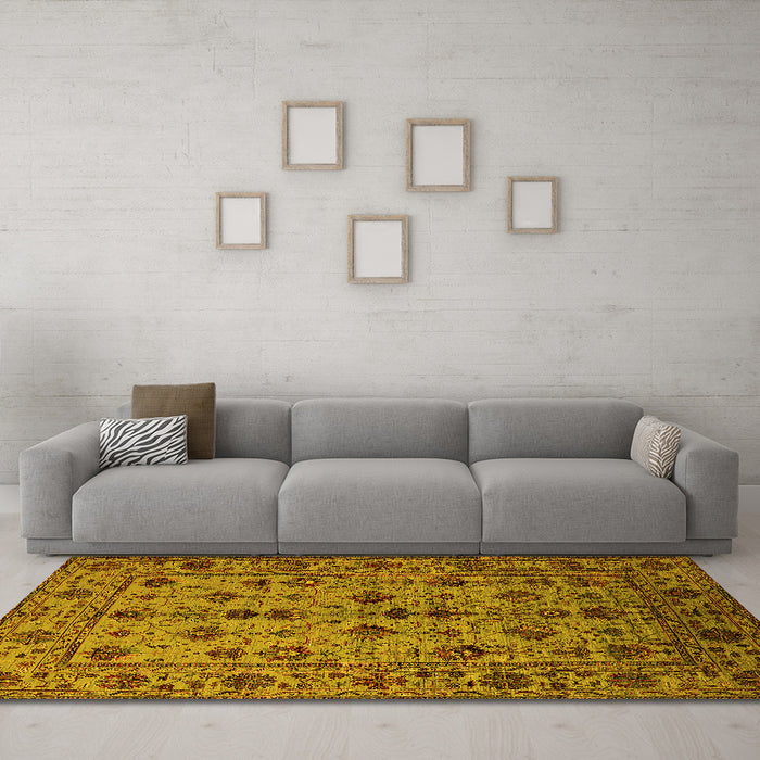 Machine Washable Oriental Yellow Industrial Rug in a Living Room, wshurb2436yw