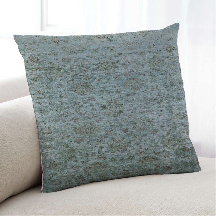 Lifestyle Image of Mid-Century Modern Urban Square Cadet Blue Green Throw Pillow, 18 inch by 18 inch, pwurb2437