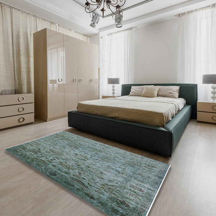 Mid-Century Modern Cadet Blue Green Oriental Rug in a Bedroom, urb2437